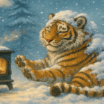 雪をかぶってストーブにあたるトラのイラスト