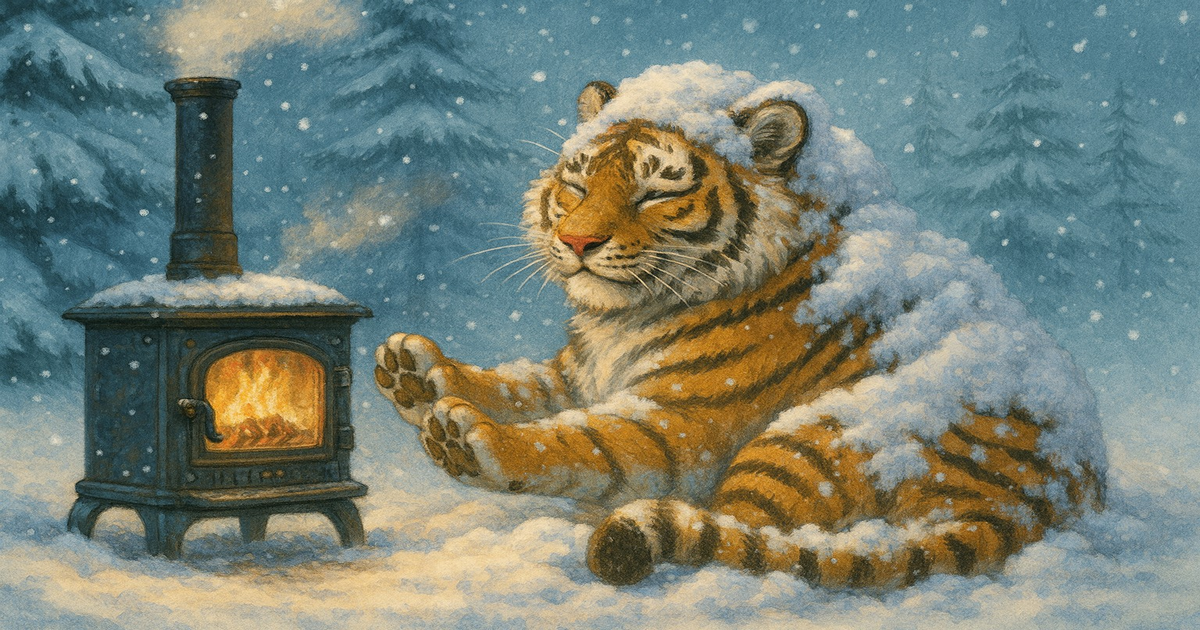 雪をかぶってストーブにあたるトラのイラスト