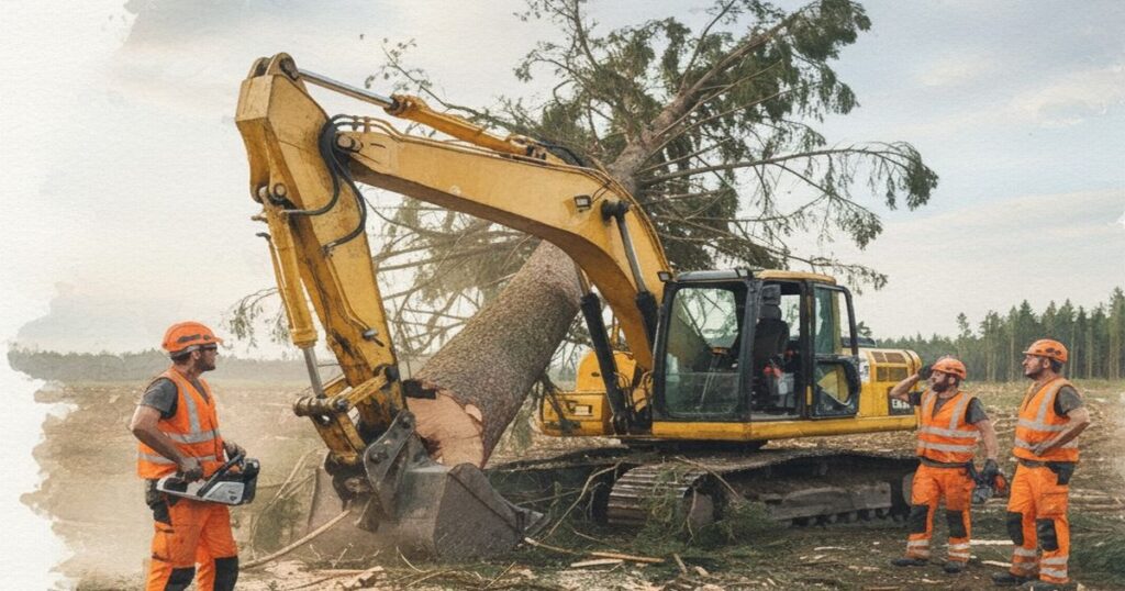 森林伐採現場で重機が大木を引き上げ、作業員たちが安全確認を行っている様子