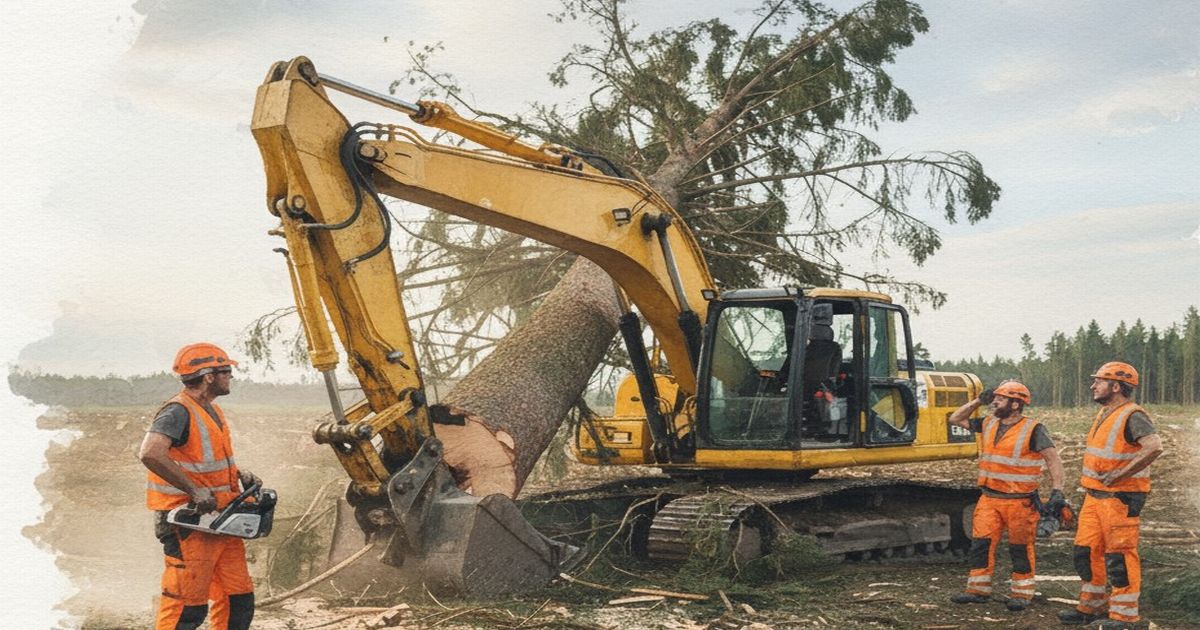 森林伐採現場で重機が大木を引き上げ、作業員たちが安全確認を行っている様子