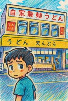 長野市のうどん店「うどんのたかの」の前で、寂しそうに振り返る子供。背景には「うどんのたかの」の看板と暖簾が見え、「長野市『うどんのたかの』閉店！破産手続き開始」という文字が表示されている。