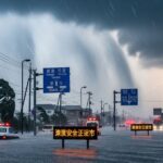 熊本県玉名市で線状降水帯が発生し、冠水した道路の画像。