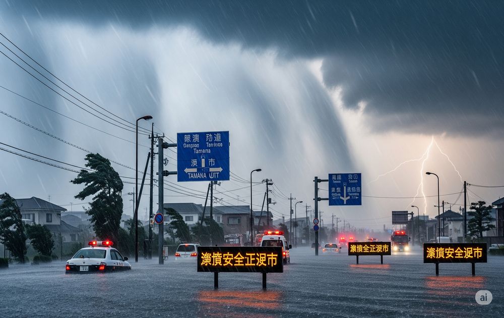 熊本県玉名市で線状降水帯が発生し、冠水した道路の画像。