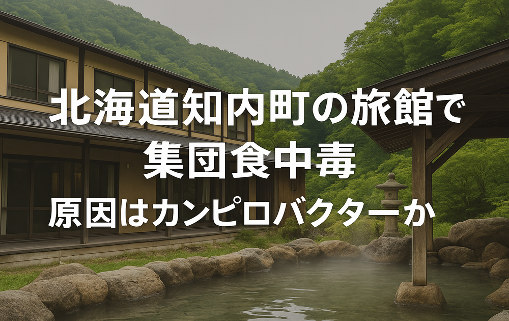 北海道知内町の旅館で発生した集団食中毒とカンピロバクターの危険性を伝えるニュース用アイキャッチ画像
