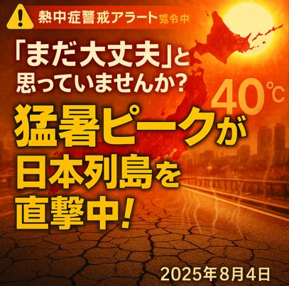 2025年猛暑ピークが日本列島を直撃中の様子を描いた警戒アラート風アイキャッチ画像。灼熱の日本列島と熱中症警戒を強調。
