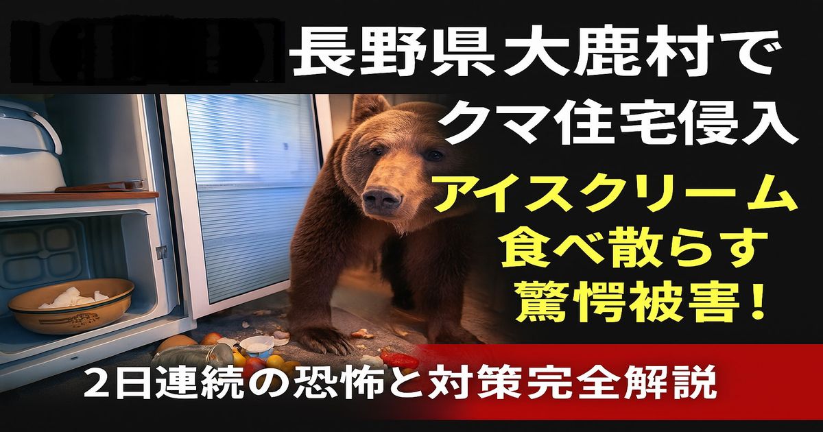 長野県大鹿村でクマが住宅に侵入し、冷蔵庫のアイスクリームを食べ散らす様子と事件見出し