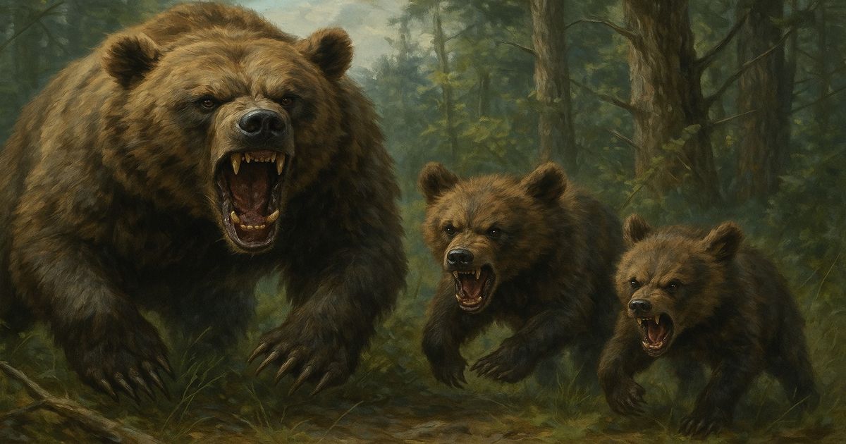 威嚇するヒグマの母親と2頭の子グマ