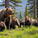 森の中に立つヒグマの親子