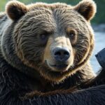 川辺でカメラを持つクマのリアルな姿