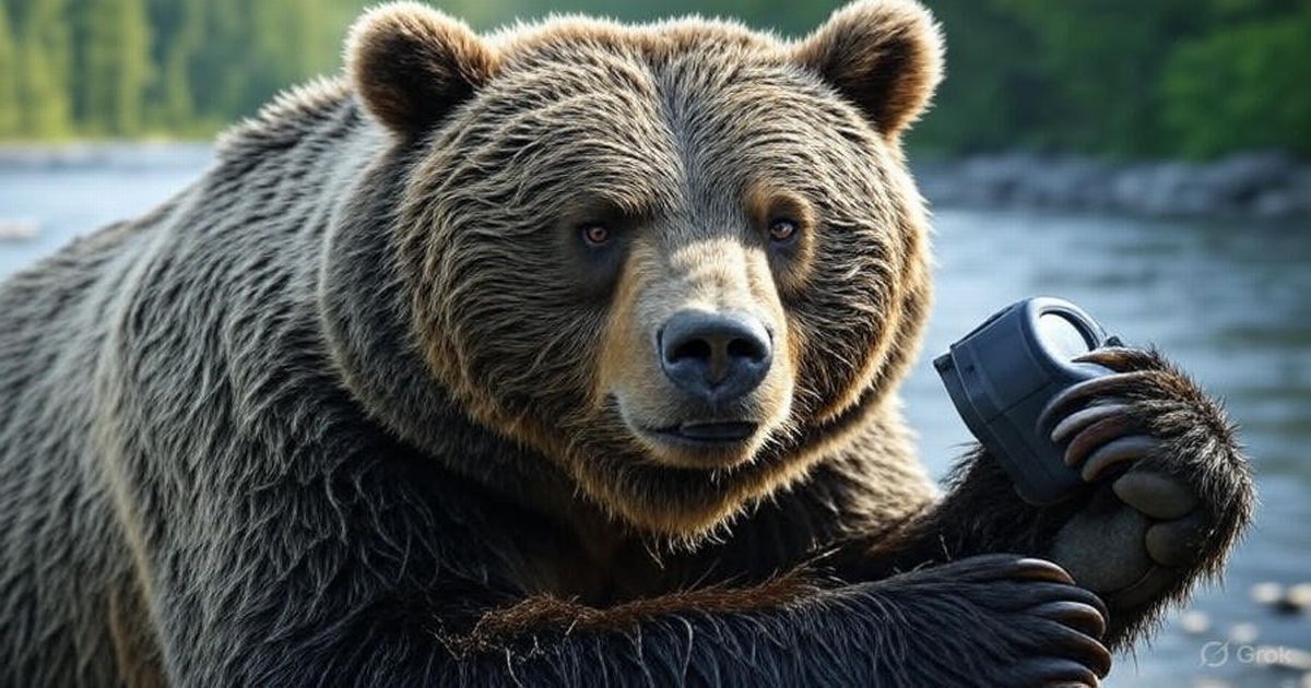 川辺でカメラを持つクマのリアルな姿