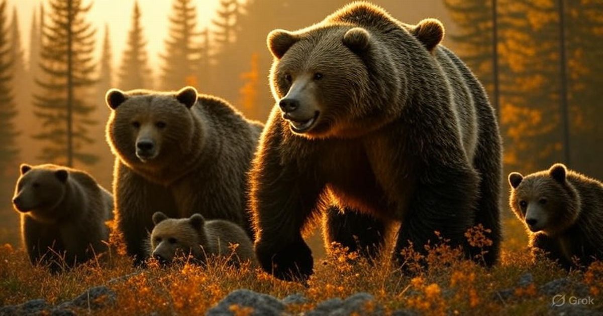 森の中に立つヒグマの親子