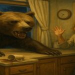 夜の台所に侵入するヒグマと驚く女性