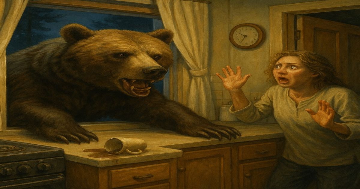 夜の台所に侵入するヒグマと驚く女性