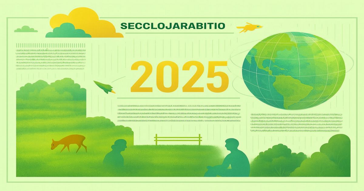 2025年のサステナビリティを象徴するインフォグラフィックと草原に立つ鹿