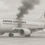 鹿児島発羽田行きJAL機内で煙、避難事案の鉛筆画