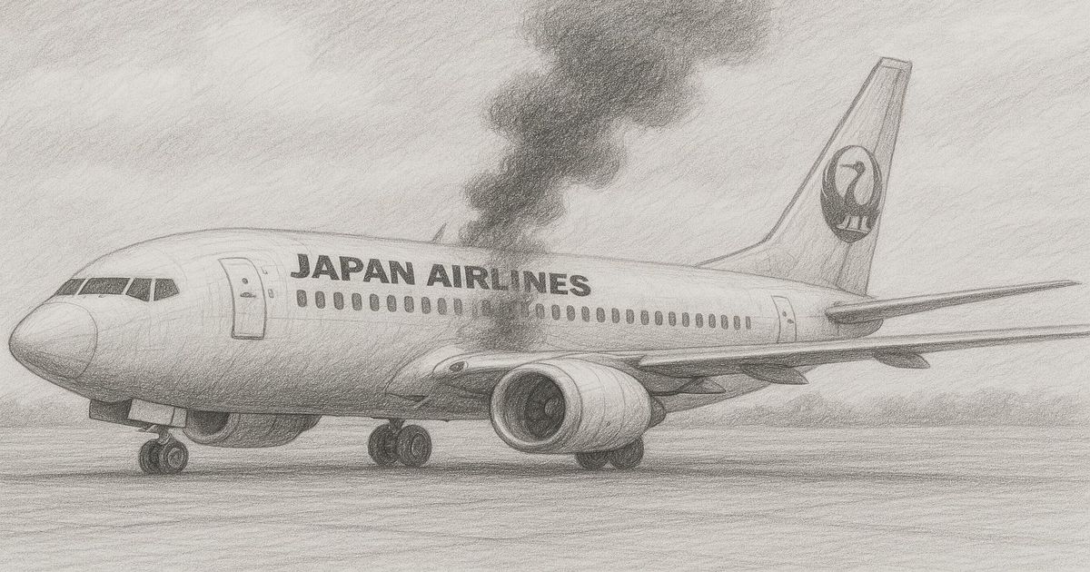 鹿児島発羽田行きJAL機内で煙、避難事案の鉛筆画
