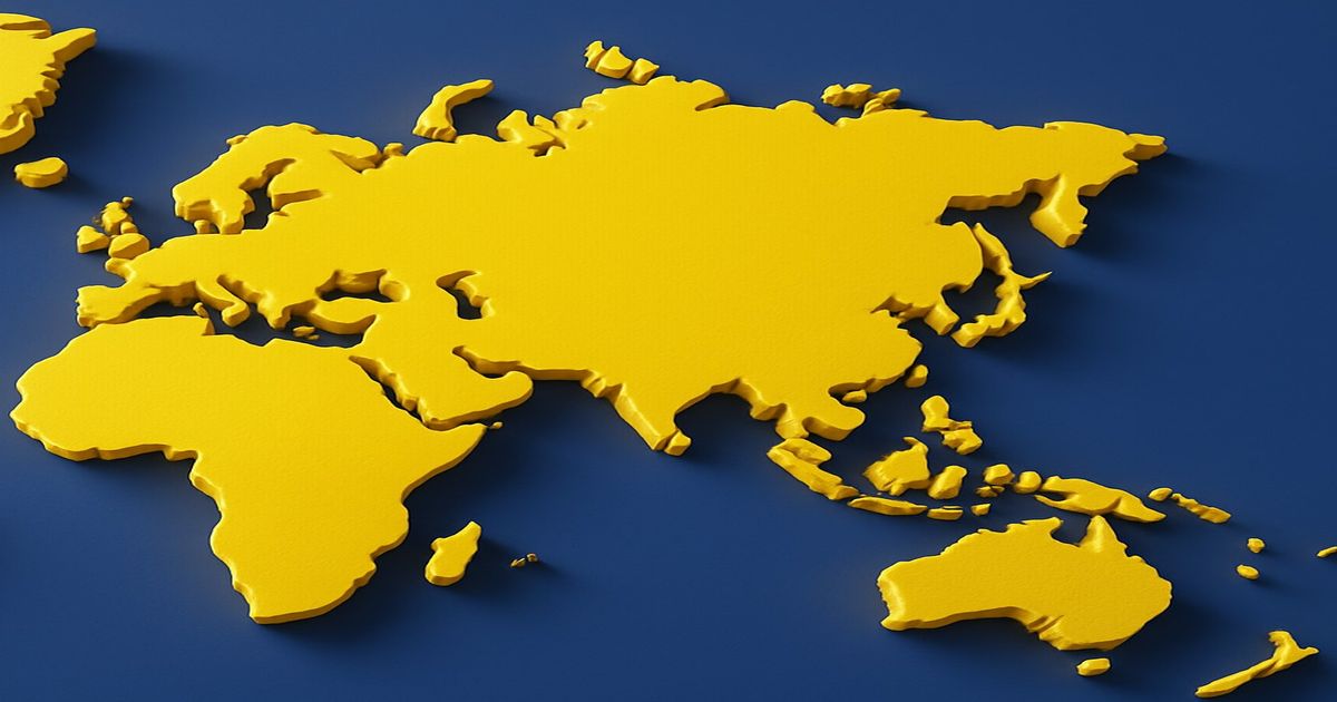 立体的に浮かび上がる黄色い世界地図と青い背景
