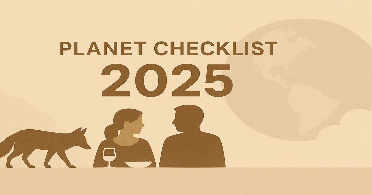 PLANET CHECKLIST の文字と地球、人とキタキツネのシルエットが描かれたイラスト