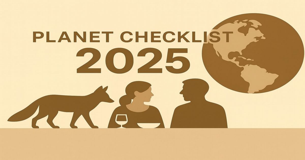 PLANET CHECKLIST の文字と地球、人とキタキツネのシルエットが描かれたイラスト