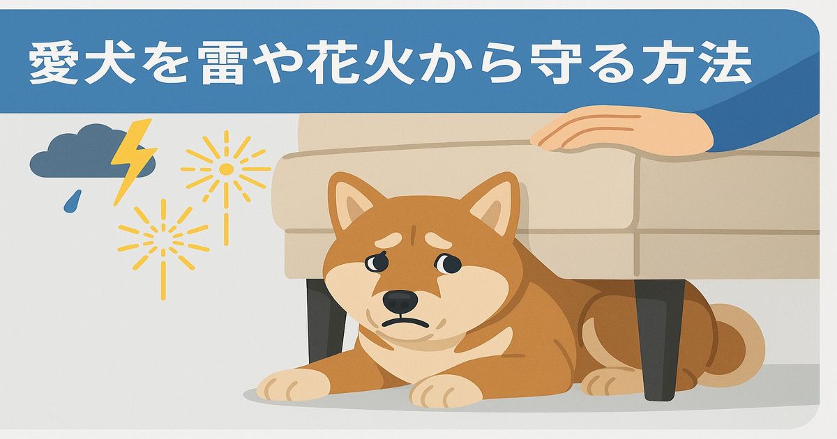 柴犬が雷や花火を怖がってソファの下に隠れるイラスト