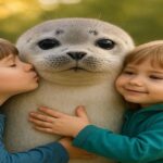 アザラシの赤ちゃんを抱きしめる子供たち