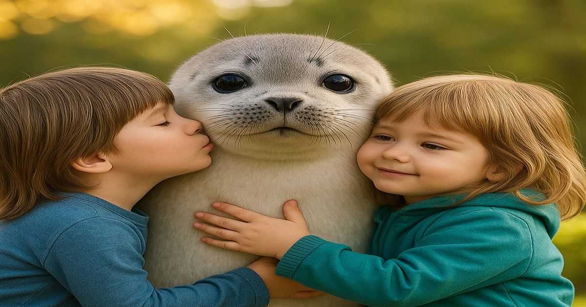 アザラシの赤ちゃんを抱きしめる子供たち