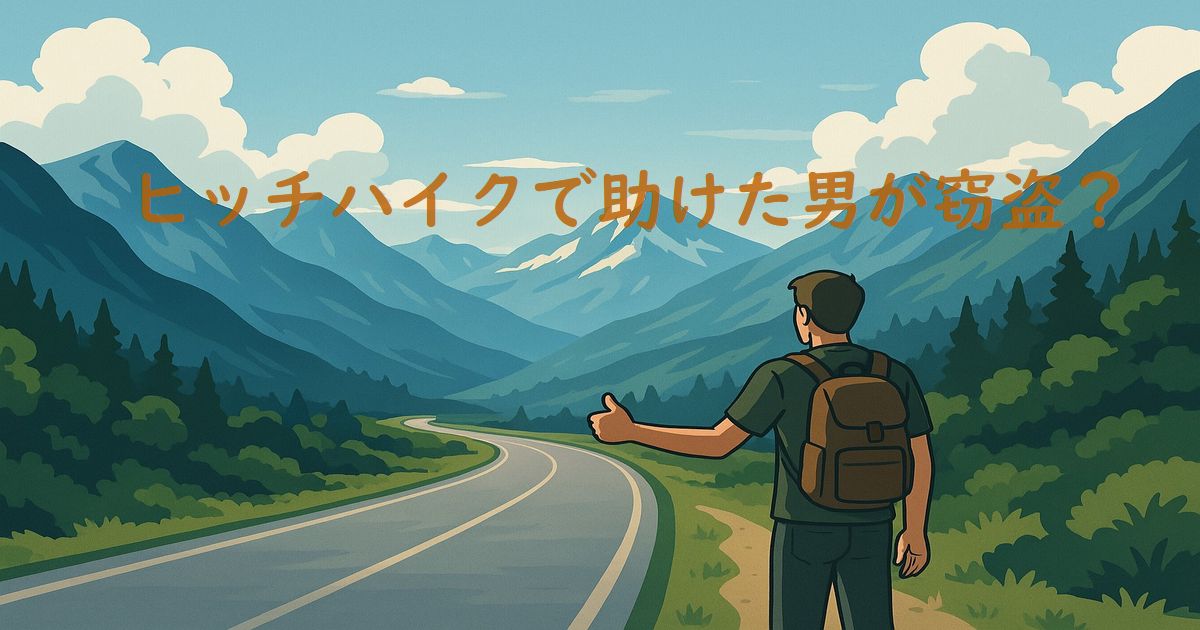 山道でヒッチハイクする旅行者のイラスト