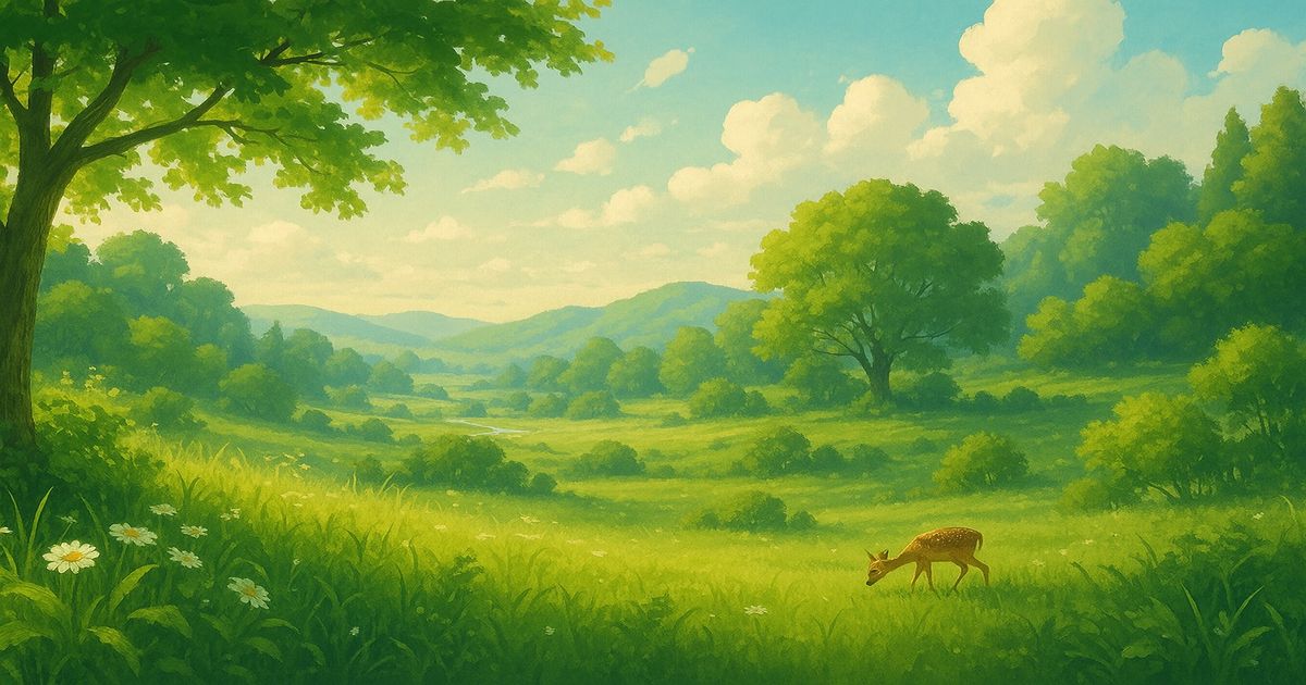 緑豊かな草原と小さな鹿の自然風景