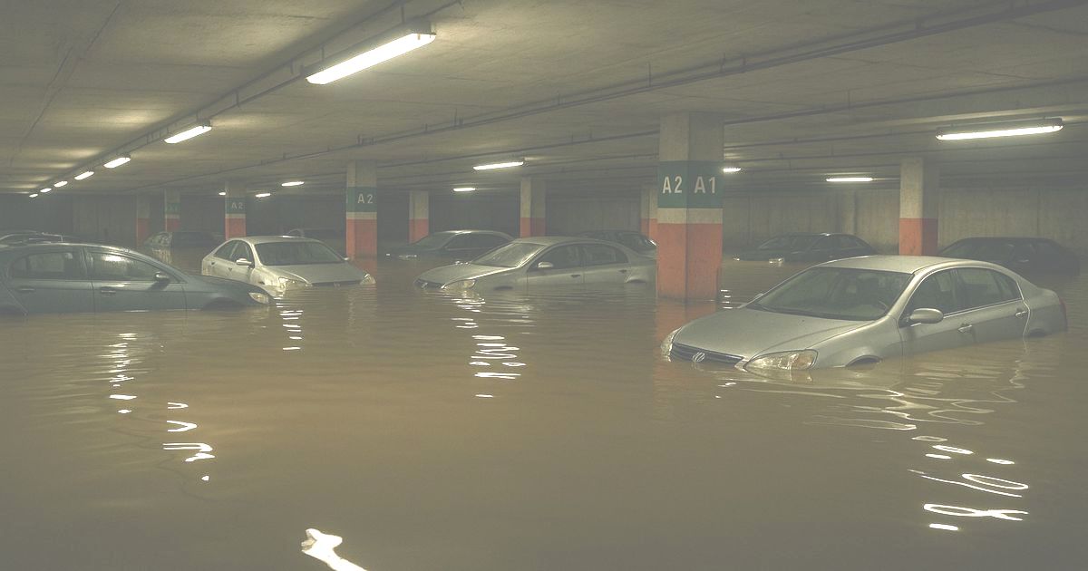 地下駐車場で水没した複数の車の様子