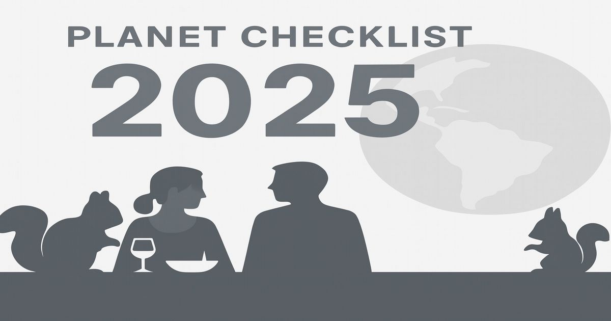 PLANET CHECKLIST 2025の文字と2匹のリス、地球、男女のシルエットが描かれた白背景のイラスト