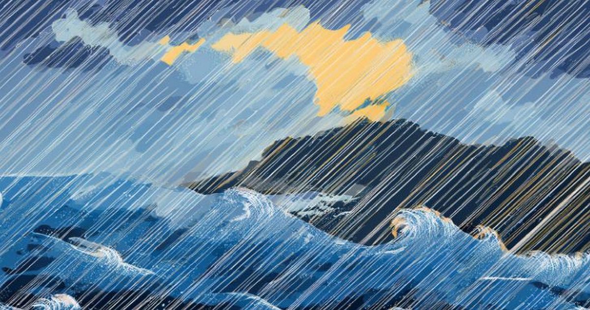 台風20号の発生に伴う荒れる海と雨空のイメージ