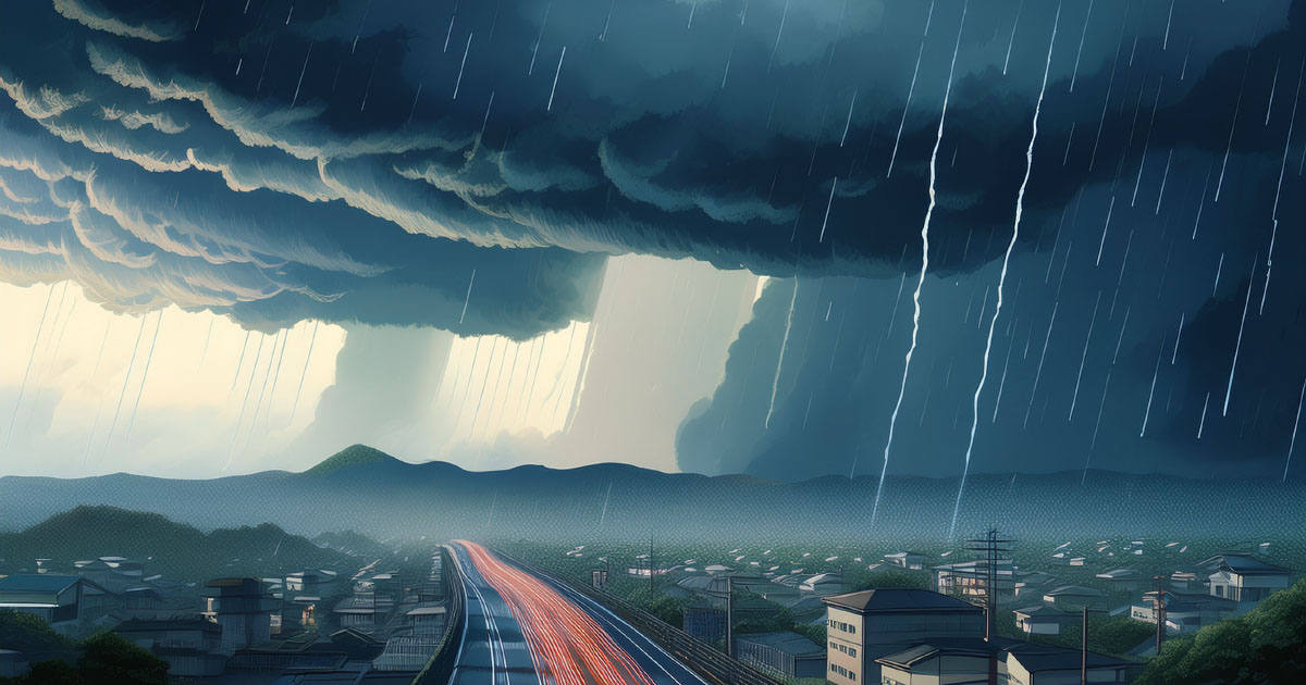 関東で線状降水帯が発生する可能性を示す大雨災害のイメージイラスト