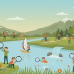 川辺で自然観察をする人々と山の風景のイラスト