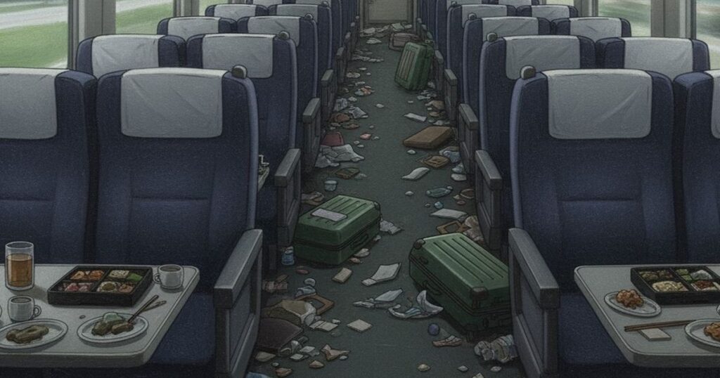 ゴミと荷物が散乱した新幹線の車内、食事の残骸がテーブルに残る静かな車両