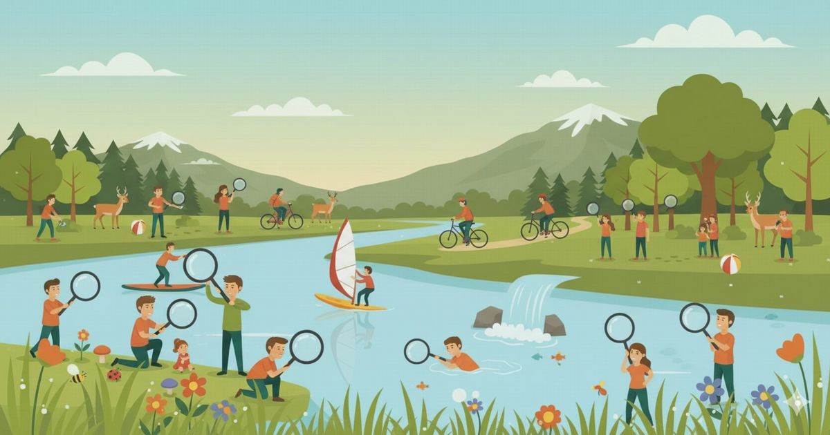 川辺で自然観察をする人々と山の風景のイラスト