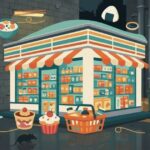 夜の裏路地にあるコンビニと食品イラスト。薄暗い背景に、寿司やスイーツ、弁当などがカラフルに描かれており、ゴミ箱やネズミも登場する少しディストピア風の雰囲気。