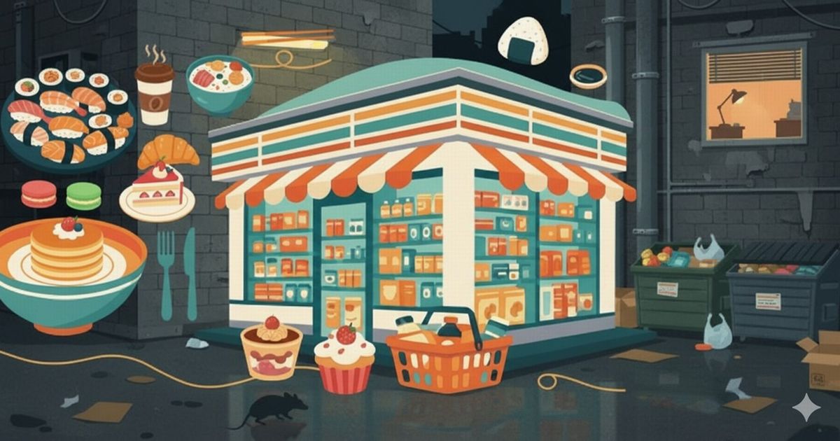 夜の裏路地にあるコンビニと食品イラスト。薄暗い背景に、寿司やスイーツ、弁当などがカラフルに描かれており、ゴミ箱やネズミも登場する少しディストピア風の雰囲気。