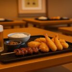 和室のテーブルに、串の焼き鳥と揚げ物、白ご飯と小鉢が並ぶ落ち着いた食事風景