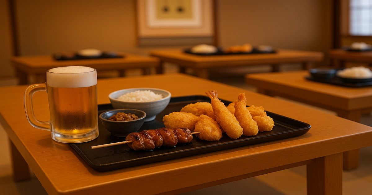 和室のテーブルに、串の焼き鳥と揚げ物、白ご飯と小鉢が並ぶ落ち着いた食事風景