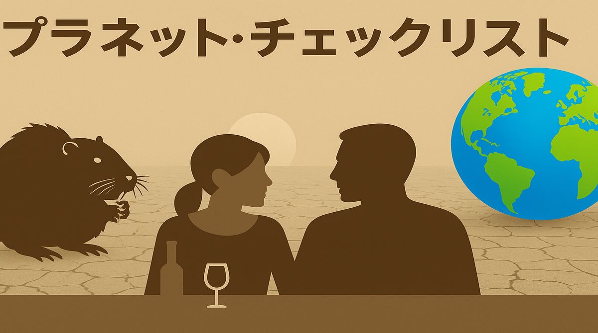 ヌートリア急増で各地に被害拡大! 人と外来種の境界はどこに? 地球とカップル、ヌートリアが描かれた環境テーマのイラスト「プラネット・チェックリスト」