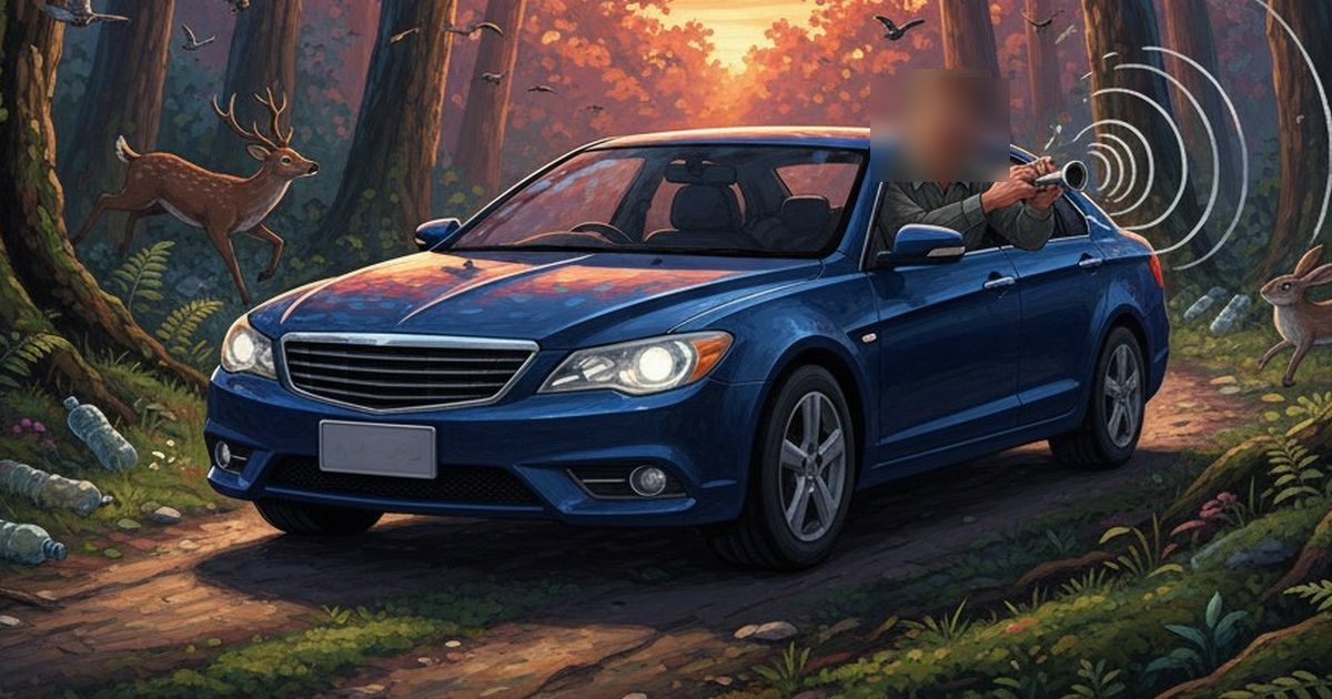 森でクラクション鳴らす迷惑行為に、札幌市が異例の注意喚起 森の中でクラクションを鳴らす青い車の男性、驚くシカとウサギの姿