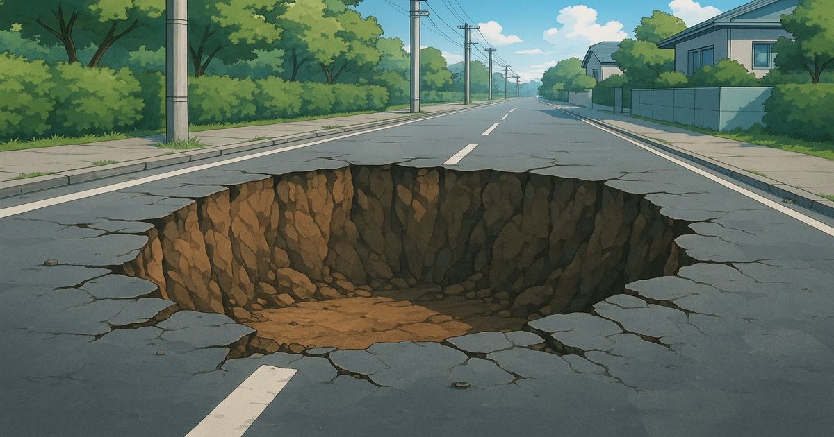 災害多発の今こそ防災セット購入術と選び方 郊外の道路中央に巨大な陥没穴が空いているアニメ風のイラスト。アスファルトがひび割れ、穴の内部には土や岩が露出している。周囲には並木や住宅街があり、青空が広がる穏やかな風景。