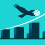 上昇するグラフの上を鷹が野球ボールをくわえて飛ぶイラスト