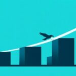 上昇するグラフの上を小さな鳥が野球ボールをくわえて飛ぶイラスト