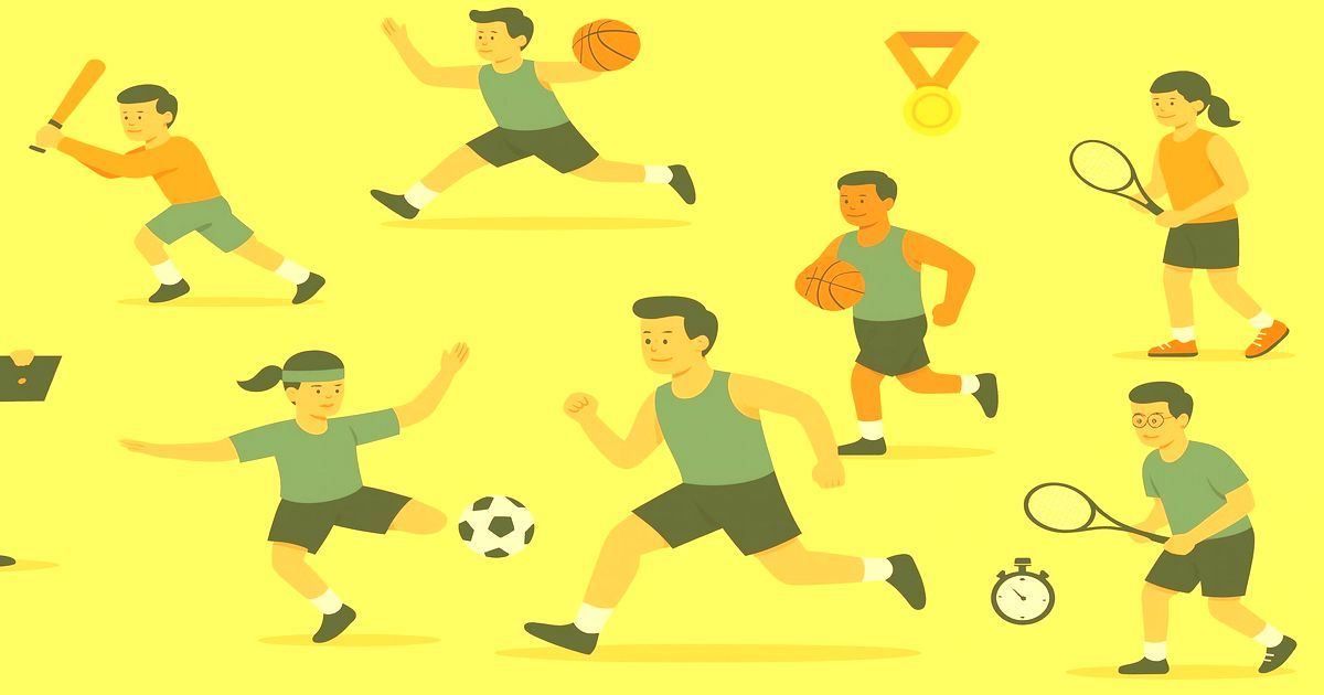 さまざまなスポーツを楽しむ子どもたちのイラスト、テニスやサッカー、バスケットボールなどが描かれている