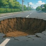 郊外の道路中央に巨大な陥没穴が空いているアニメ風のイラスト。アスファルトがひび割れ、穴の内部には土や岩が露出している。周囲には並木や住宅街があり、青空が広がる穏やかな風景。
