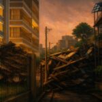 都市の夕暮れ時、倒壊した木造住宅と高層マンションの対比