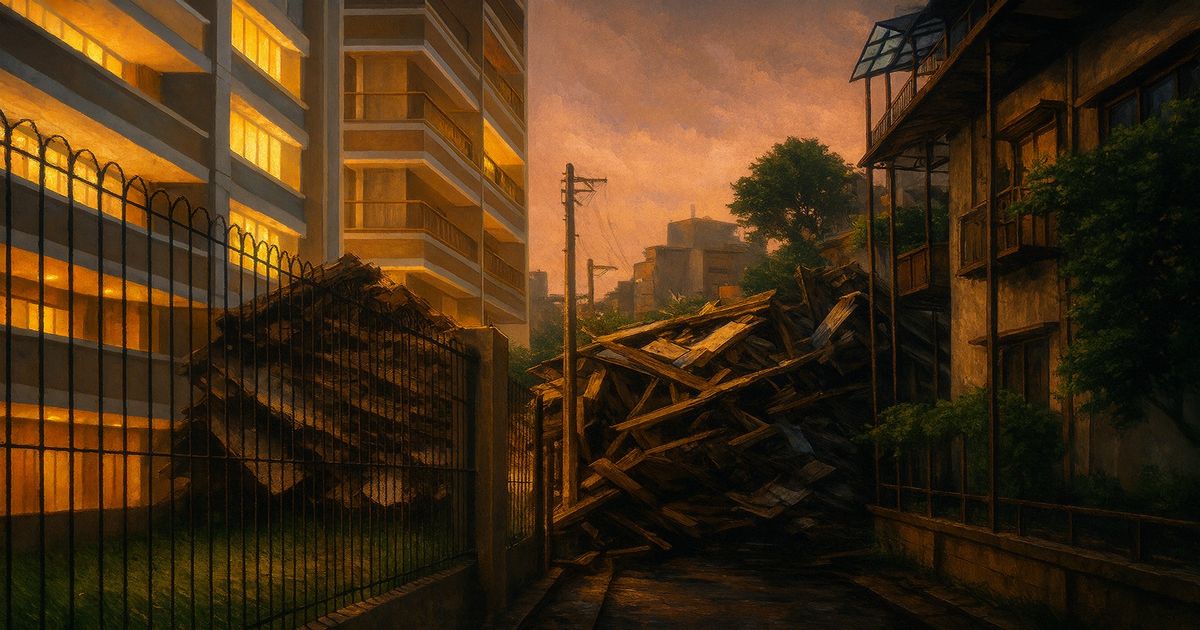 都市の夕暮れ時、倒壊した木造住宅と高層マンションの対比