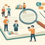 虫眼鏡が置かれた大きな本と、周囲で調査や会話をする人々のイラスト