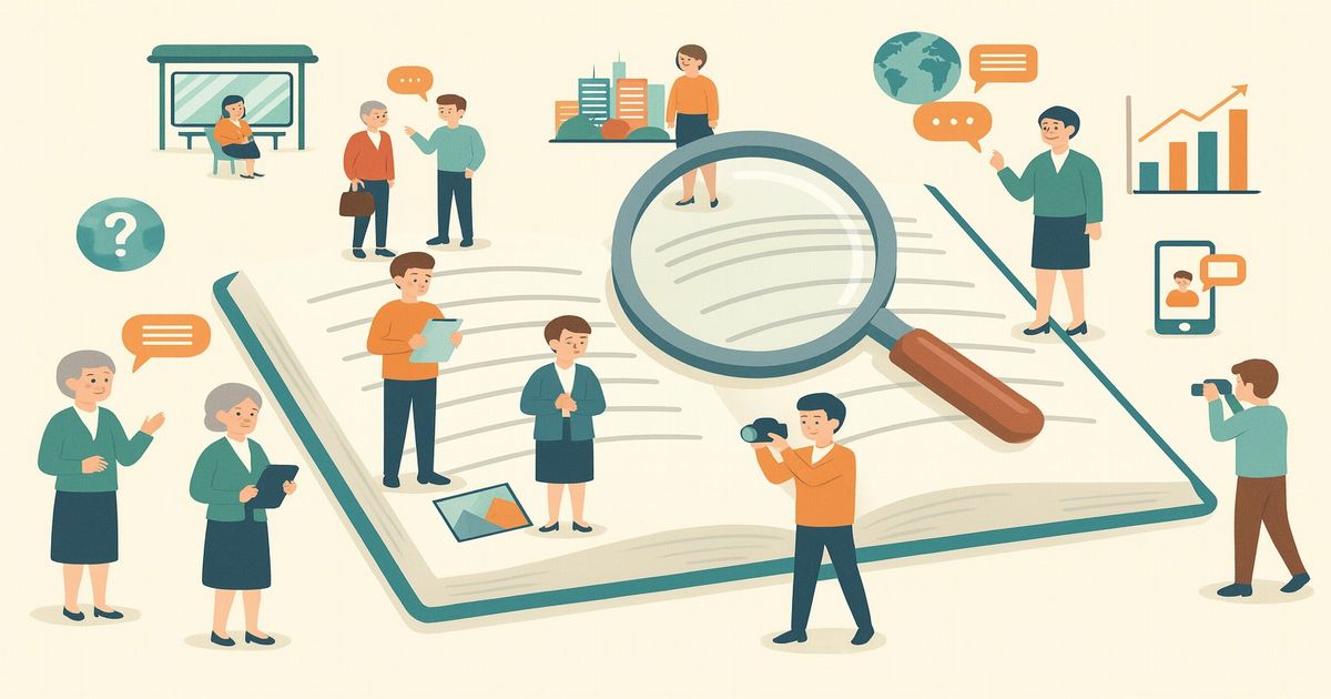虫眼鏡が置かれた大きな本と、周囲で調査や会話をする人々のイラスト